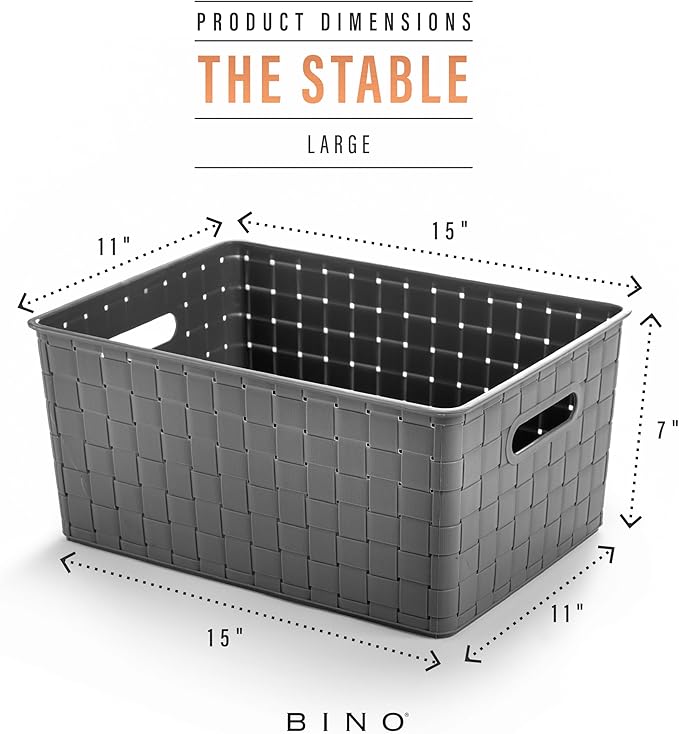 BINO | Plastic Storage Baskets Large - Grey | THE STABLE COLLECTION | Multi-Use Storage | Rectangular Cabinet Organizer | Baskets For Organizing with Handles | Home Office Organization and Storage