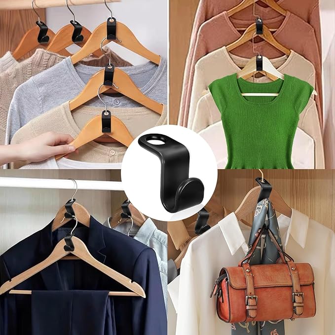200 PCS Plastic Clothes Hanger Connector Hooks, Space Saving Hanger Extender Clips, Heavy Duty Closet Organizer (Black)