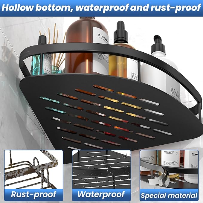 Lanlord Wall Mounted Shower Organizer - 2 Pack No Drilling Adhesive Corner Shelf, Bathroom Shower Shelves With Hooks, Suction Cup (Black 2LBAT)