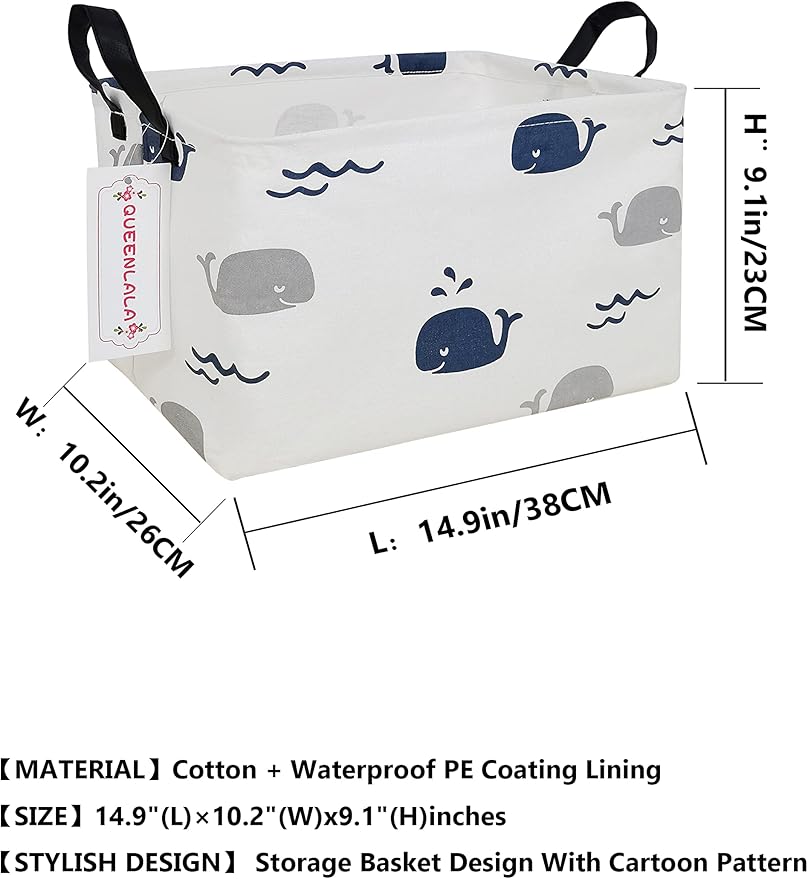 QUEENLALA Rectangular Laundry Hamper/Foldable Nursery Laundry Basket for Organizing/Storage Bin Baskets/Children Toy Office Bedroom/Toy Bin Closet Shelf Rec-Blue Cute Whale）