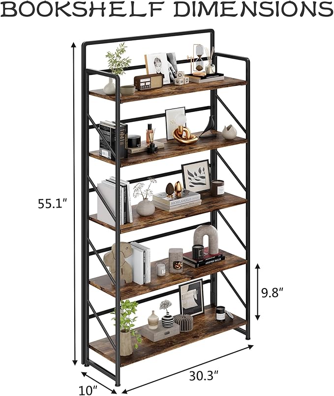 JSB Folding Bookshelf,Industrial Storage Shelves, No Assembly Vintage Wood Look Bookshelf with Storage Shelves for Living Room, Bedroom, Office (Fire Brown, Wide 5-Tier)
