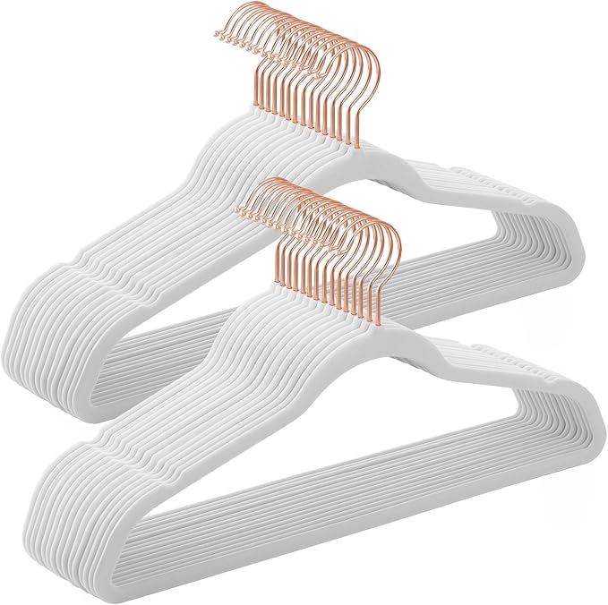 SONGMICS Slim Velvet Hangers, Non-Slip Clothes Hangers with Rose Gold Swivel Hooks, Space-Saving, for Closet, 30 Pack, White UCRF026W30