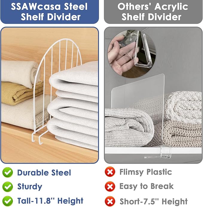 Closet Dividers, 8 Pack 12’’ Tall Shelf Dividers for Closet Organization, Metal Closet Organizer for Wood Shelves Separator for Purse Handbag Sweater Clothes Book Storage Wardrobe Kitchen Cabinet