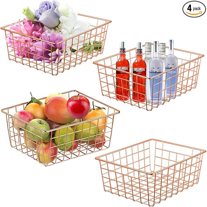 4 Pack Wire Baskets for Pantry Metal Wire Freezer Organizer Bins with Handles, Metal Basket Rose Gold Wire Baskets for Storage Organizing Office, Kitchen Cabinets, Bathroom, Countertop
