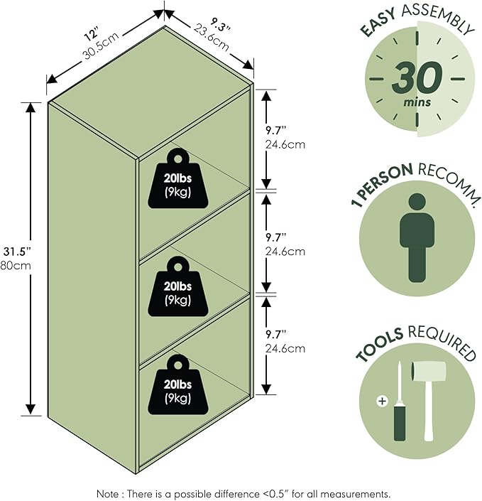 Furinno LUDER Book Shelf, 3-Cube Bookshelf, Bookcase, 9.3" x 12" x 31.5", for Living Room, Bedroom, Home Office, Sage Green