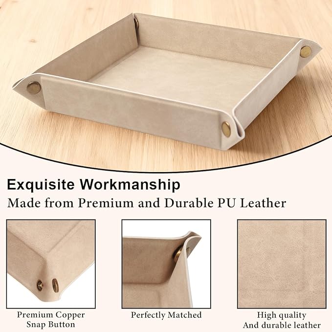 WAYIFON Valet Tray Desktop Storage Organizer – Premium PU Leather Catchall Bedside Vanity Tray Nightstand Caddy Holder for Remote Controller, Keys, Phone, Wallet, Coin, Jewelry,Apricot