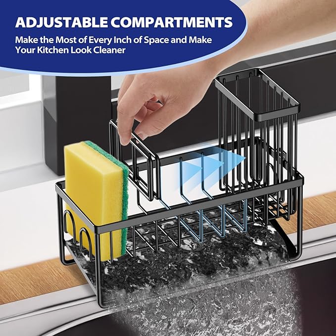Sinnsally Kitchen Sponge Holder,Sink Caddy Organizer with Brush Holder,Stainless Steel Sink Box Dish Scrubber Holder with Self Drain Tray,Soap Dispenser Storage Accessories for Kitchen Counter(Black)