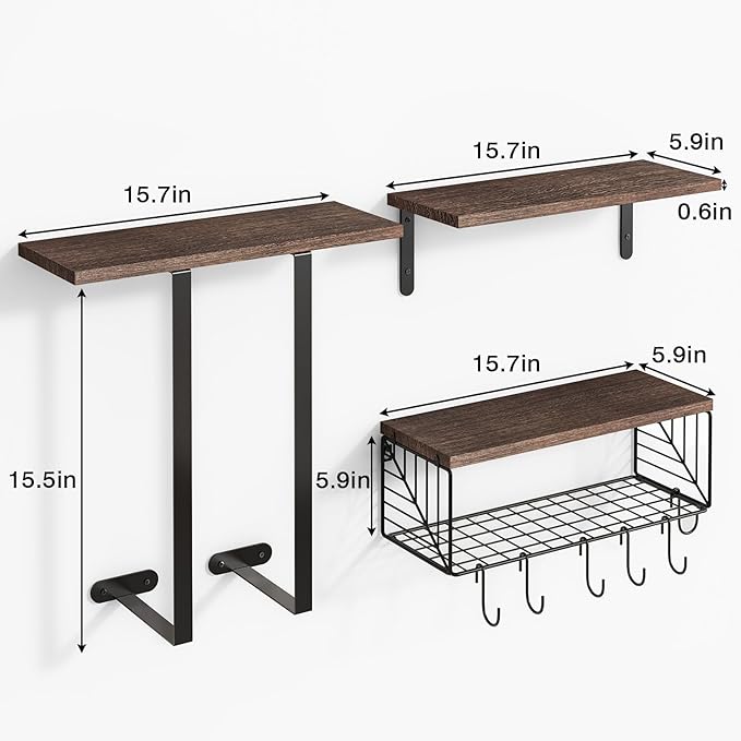 Fixwal Bathroom Floating Shelves Over Toilet Wall Shelves Set with Towel Storage Rack for Bathroom Organization & Wall Decor(Brown)