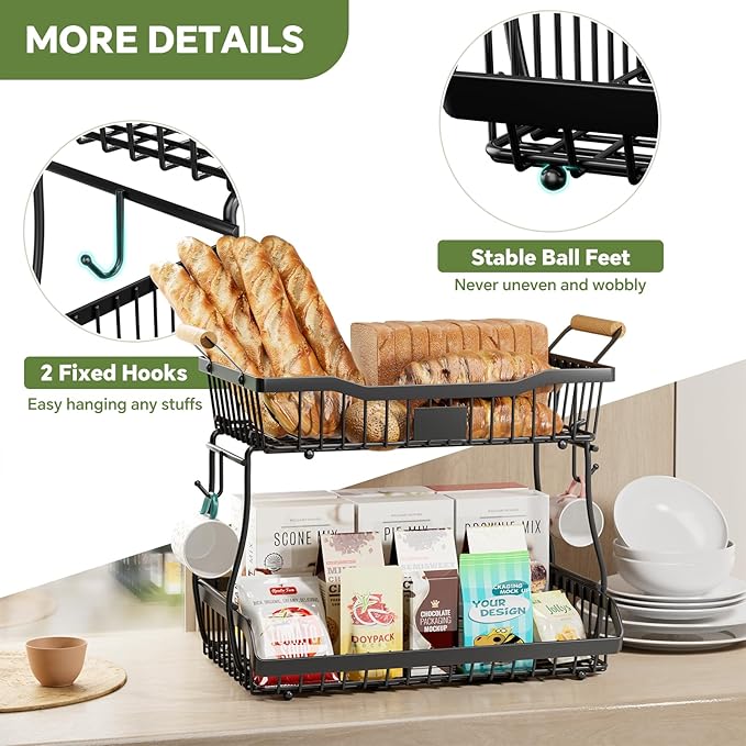 Simple Trending Fruit Basket 2-Tier Detachable, with Banana Hangers & Rust-Proof Metal Mesh, Ventilated Kitchen Organizer for Countertop, Perfect for Fruits, Vegetables, Snacks Storage