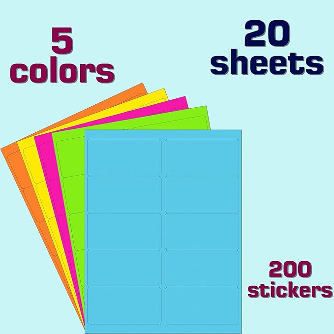 2" x 4" Colored Labels Stickers 5 Colors Bright Moving Stickers for Boxs 40 Sheets Printable Address Label for Laser/Inkjet Printer(400 PCS)