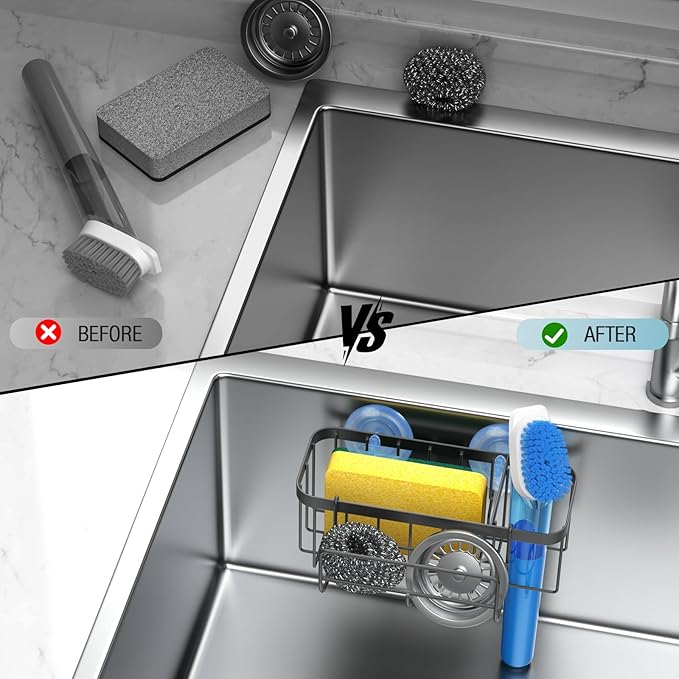 3-in-1 Kitchen Sink Caddy Organizer with Sponge Holder, Brush Holder, Extra Rack for Scrubber, Sink Stopper, Dish Cloth Hanger - Strong Dual Suction Cup, 2.0mm SUS304 Stainless Steel - Grey