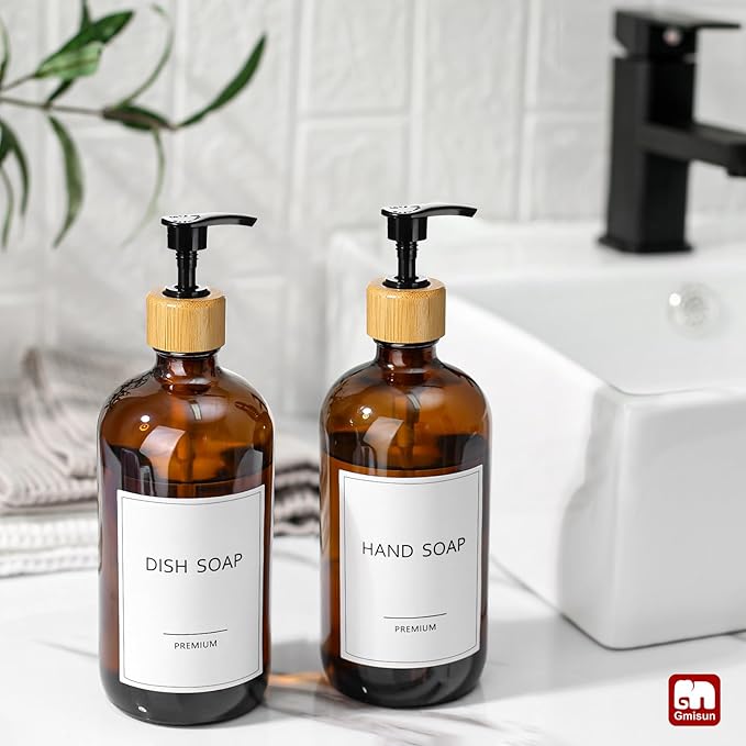 GMISUN Amber Glass Soap Dispenser, 2 Pack Bathroom Hand Soap Dispensers with Bamboo Pump, 17 Fl Oz Kitchen Hand and Dish Soap Dispenser Set, Modern Vintage Liquid Brown Soap Dispensers Bottle