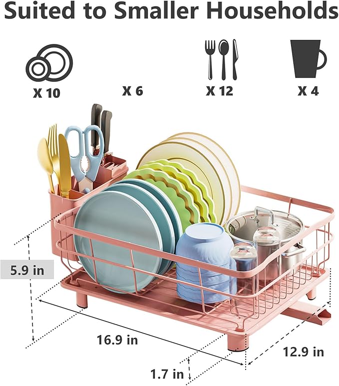 Iron Dish Drying Rack Auto Drain Dish Drainers Kitchen Counter Strainer with Draining Tray, Pink