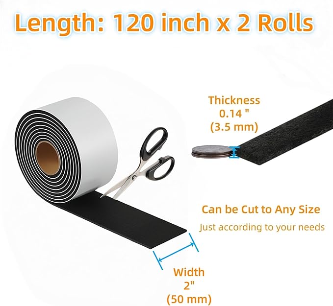 Felt Strips with Adhesive Backing – Furnigear Heavy Duty Cuttable Felt Tape Roll Furniture Pads for Chair Legs - Protecting Hardwood Floors, Chair Wall Protector (Black, 120 x 2 x 0.14 Inch)