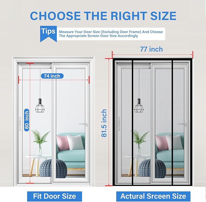 Magnetic Screen Door Upgraded PET Mesh Stronger Than Fiberglass and Polyester,Hands Free,Keeps Bugs Out,Pet & Kid Friendly,Suitable for Sliding Door,Large Patio Door and French Door-74''x80''