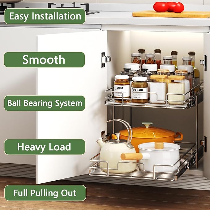 MODCART 2 Tier Individual Pull Out Cabinet Organizer 22½" W x 21½" D, Heavy Duty Cabinet Pull Out Shelves, Slide Out Drawers Organization for Kitchen Cabinets Bathroom