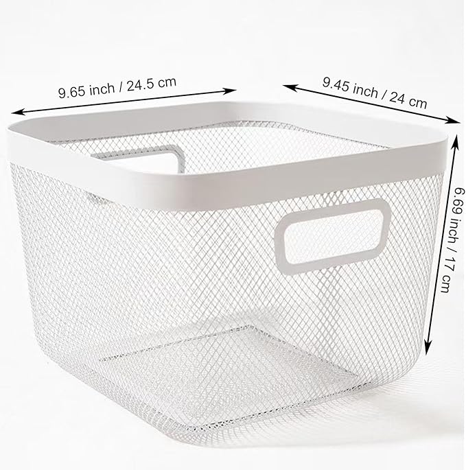 Metal Mesh Steel Baskets, Household Wire Storage Organizer Bin Garden Harvest Basket Multi-functional Fruit Baskets with Handles for Kitchen Bathroom Picnic Shopping Decor Cabinet Home, White