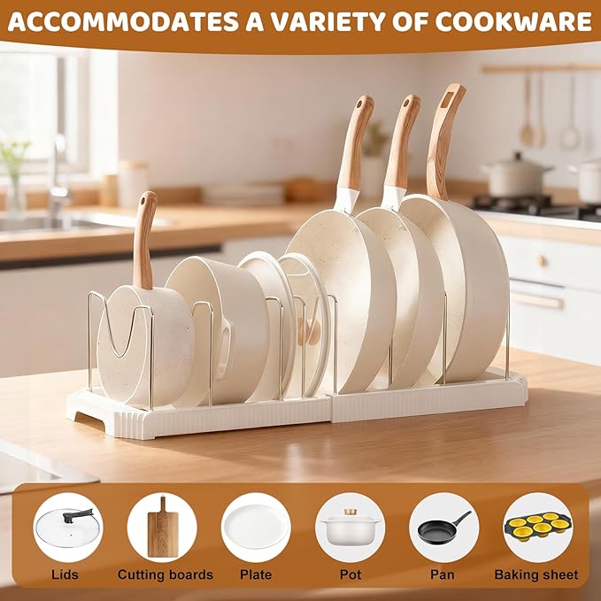 Expandable Pot Rack Organizer, 10 Adjustable Compartments, Pot and Pan Organizer Rack for Cabinet with Cup Brush Dividers, 13 -22" Wide Adjustable Pan Organizer - Pantry Countertop Storage (White)