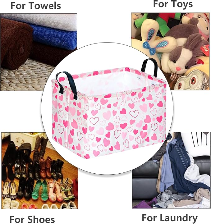 Girls Gift Basket Heart Print Storage Cube for Women, Closet Shelf Organizer Bins Empty Gift Basket with Handles Nursery hamper Kids Toys Books Box Room Deco