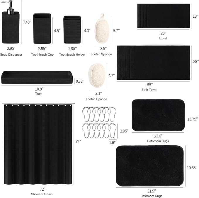 Black Bathroom Set,Black Bathroom Accessories Set with Shower Curtain and Rugs, Bath Towel Set, Natural Loofah Sponge, Soap Dispenser, Toothbrush Holder, Bathroom Tumbler and Tray for Bathroom