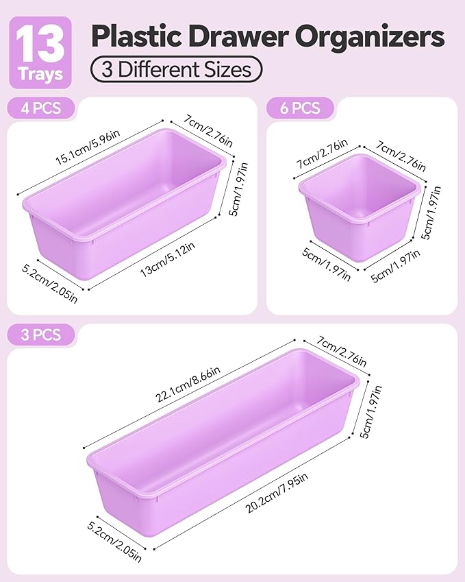 13 Pack Plastic Drawer Organizers Set, 3 Sizes Desk Drawer Organizer Trays for Vanity and Makeup Organizer, Organization and Storage for Makeup, Kitchen Utensils, Bathroom and Office(Purple)