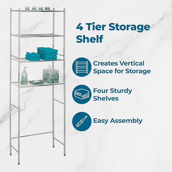 Honey-Can-Do 4-Tier Over-The-Toilet Storage Shelf - Space-Saving Steel Bathroom Restroom Organizer with Neutral Chrome Finish, Ideal for Towels, Toiletries, & Essentials - 24"W x 68"H x 11"D