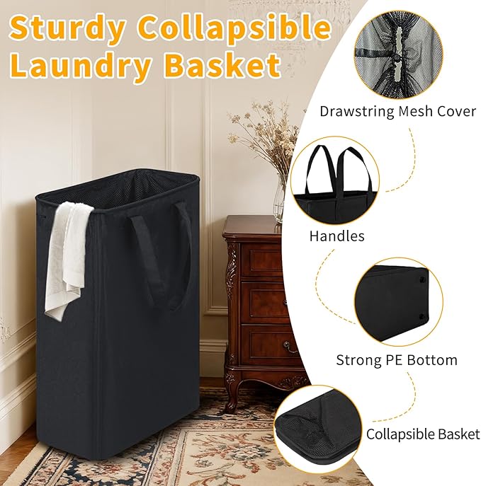 Slim Laundry Hamper, 48L Ultra Thin Collapsible Laundry Basket with Handles, Foldable Basket Laundry Bag Dirty Clothes Hamper for Bathroom Bedroom(Black)