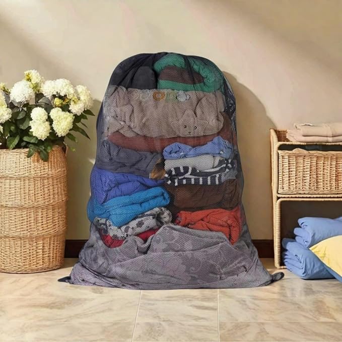 2 Pack Large Mesh Laundry Bag, 27×36inch Black Laundry Hamper Liner, Heavy Duty Mesh Laundry Bags Drawstring Lockable, Machine Washable, for Ball Storage, Travel, Toys, Sports Factories, Dorms