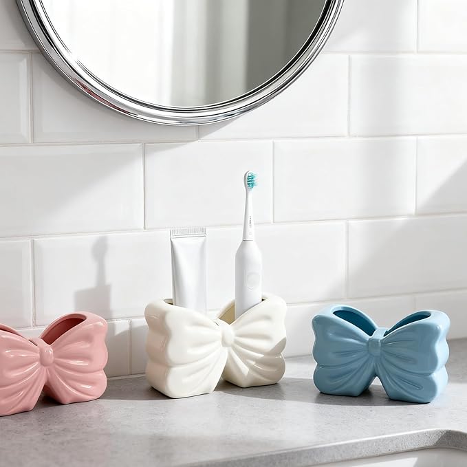Bow Toothbrush Holder ， 2-Slot Toothbrush and Toothpaste Holder Cute Toothbrush Holder Set, Bathroom Counter Organizer for Bathrooms， Electric Toothbrushes, Floss, Razors - White