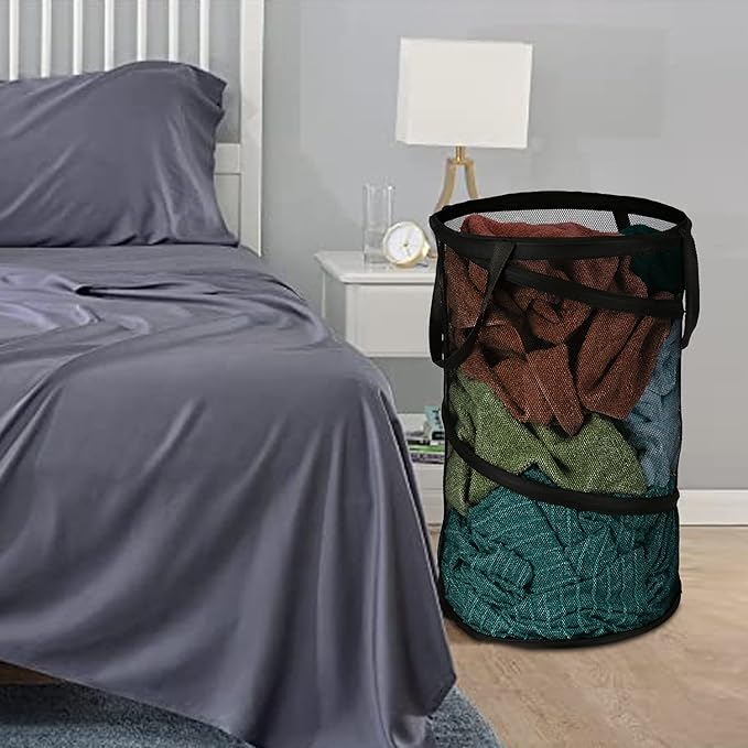 BATTOO Collapsible Laundry Basket Foldable Mesh Pop Up Hamper with Handles for Laundry Room, Bathroom, Kids Room, College Dorm, Travel, Storage Organizer Black