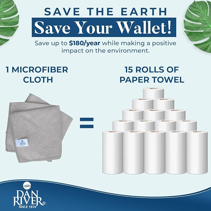 DAN RIVER 12-Pack Gray Microfiber Towels – Ultra Absorbent, Lint-Free & Streak-Free Rags for Home, Car & Kitchen - Must-Have Cleaning Essentials - 12" x 12"