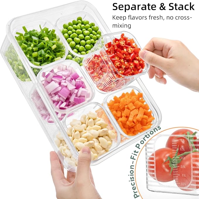 4 Pack Salad Bar Container for Fridge, Plastic Food Storage Organizer with Lid, Stackable Refrigerator Bins with 24 Individual Removal Boxes, Reusable Meal Prep Container for Fruit, Vegetable