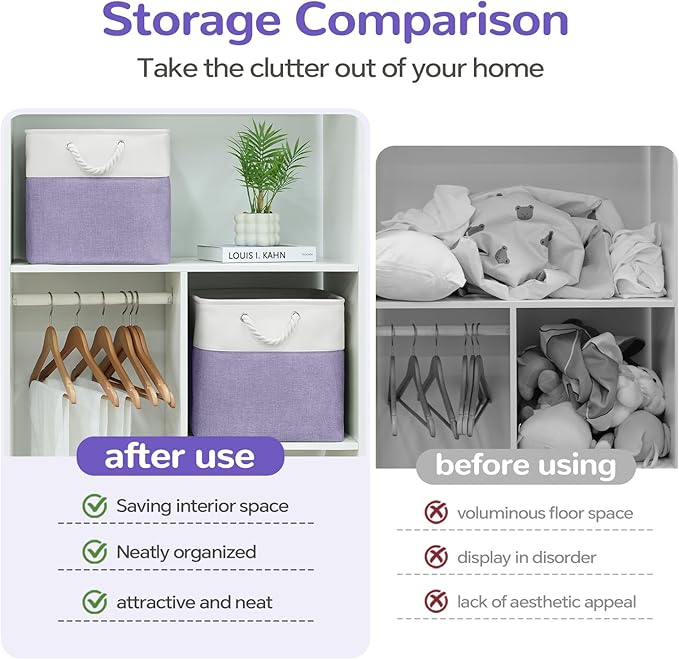 13 x 13 Inch Cube Storage Bins, 6 Pack Fabric Storage Basket with Handles, Foldable Boxes Organizer for Shelf Baskets for Home, Clothes (White/Purple)