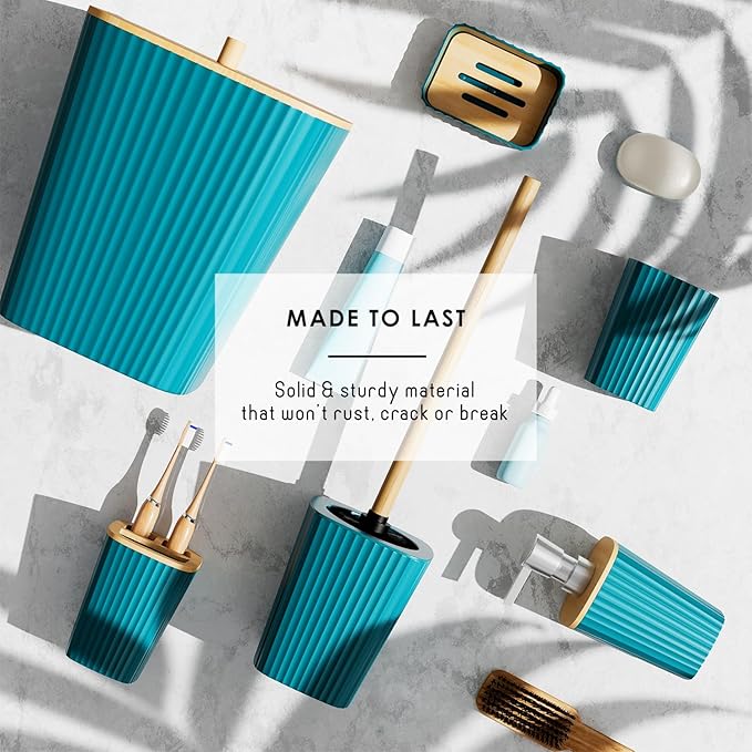 Clara Clark Bathroom Set - Teal Bathroom Accessories Set, 6PC Bathroom Accessory Set, Bathroom Sets with Bathroom Rugs, Toilet Brush, Trash Can & Soap Dispenser