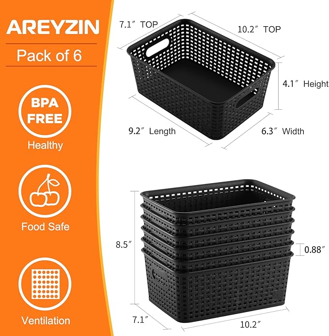 AREYZIN Plastic Storage Baskets Set of 6 Sturdy Small Organizer Bins Storage Baskets for Shelves,Closet,Countertops, Desktops, Cabinets and Badrooms,Black