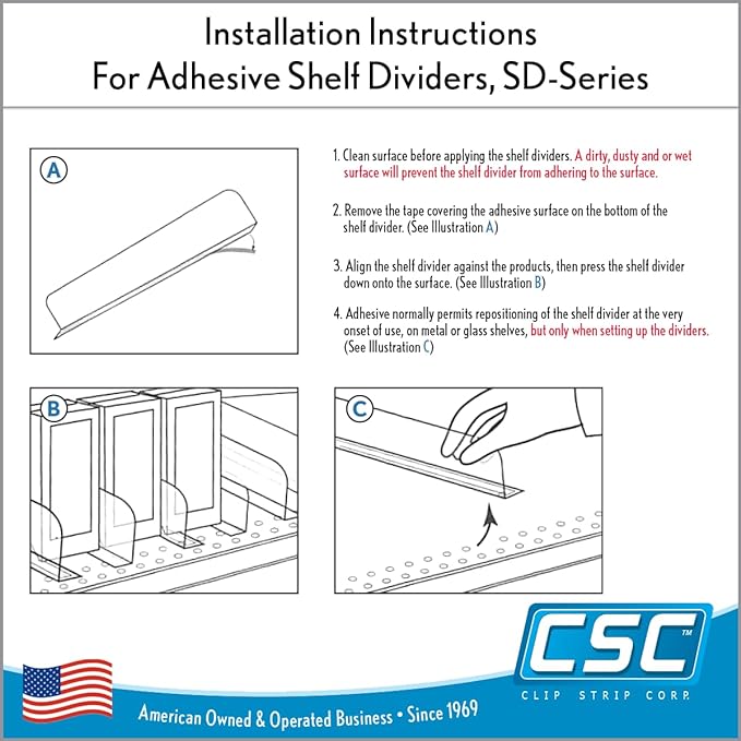Clip Strip Shelf Dividers Pack of 50 for Retail Stores - Lightweight, Clear Adhesive Mount 1" H x 11-9/16" L Corp., 15 mil Crystal Clear PVC, Retail Shelf Separator, Item SD-1512