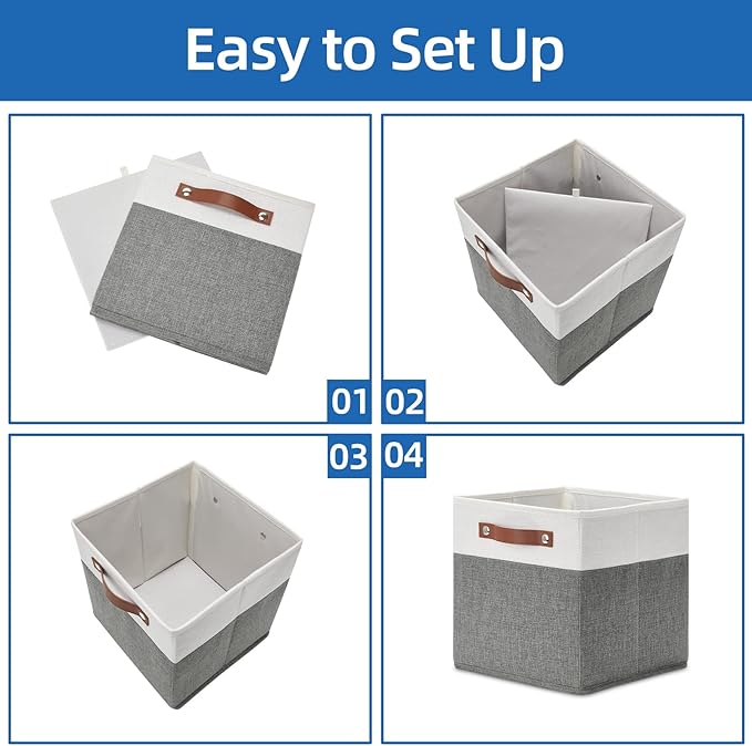 Temary Cube Storage Bins 4 Pack Storage Cubes 11ﾗ11 Fabric Storage Bins Foldable Cube Storage Baskets with Handles, Collapsible Storage Basket for Shelf (White & Grey, 11 x 11 x 11)