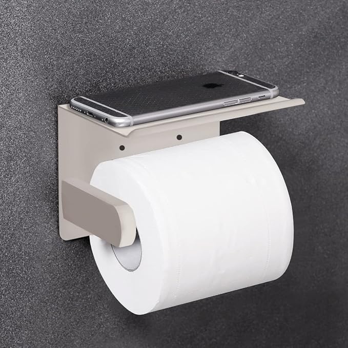 VAEHOLD Self Adhesive Toilet Paper Holder with Phone Shelf SUS 304 Stainless Steel Wall Mounted Toilet Paper Roll Holder - Rustproof and Bathroom Washroom Tissue Roll Holder with Shelf -Beige