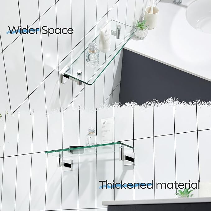 KOKOSIRI Bathroom Shelves Wall Mounted Floating Glass Shelf Polished Stainless Steel 16-Inch Small Hanging Rack for Storage/Room Decor B1105CH-L16