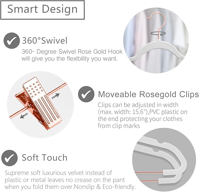 MIZGI Premium Velvet Pants Hangers with Clips (Pack of 10) Slim Skirt Hangers- Non Slip Felt Outfit Dress Hangers White - Copper/Rose Gold Hooks,Space Saving Shirt Clothes Hangers