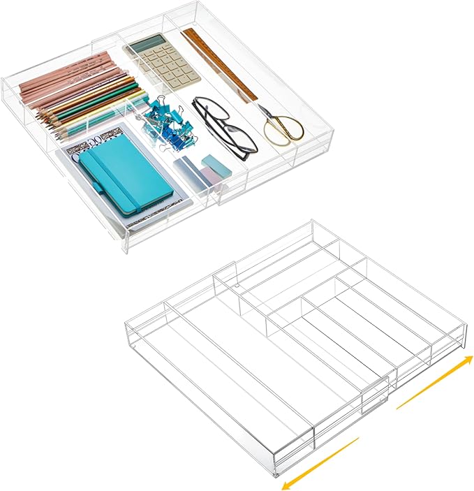 2 Pcs Acrylic Drawer Organizer 9'' up to 18'' x 15'' x 2'' Expandable Drawer Organizer Pens Notebook Ruler Makeup Tray with 7 Adjustable Compartments for Desk Office Kitchen Bathroom(Clear)