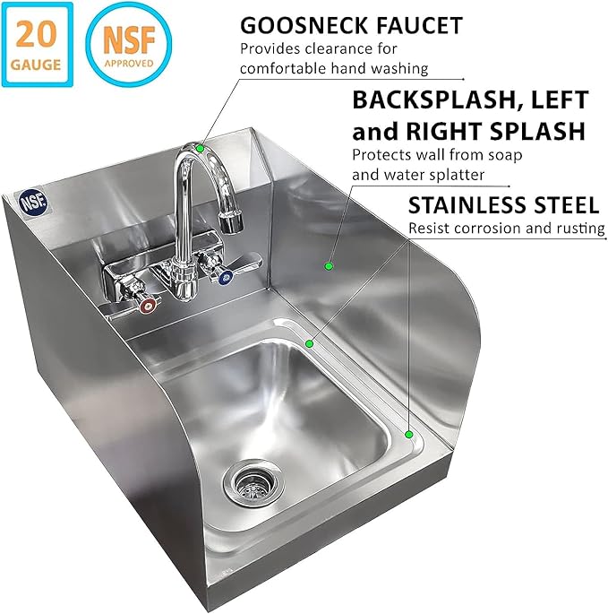 Stainless Steel Wall Mount Hand Basin with Gooseneck and Side Splash Guard. (16" x 12" Side Splash) Deep x long