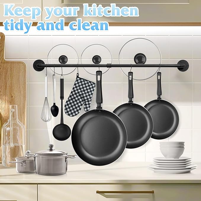 32 inch Pot Rack Wall Mounted Pan Hangers for Kitchen, Industrial Pipe Utensils Hanging Rail Iron Detachable Storage Organizer Lids Holder with 8 S Hooks, Black