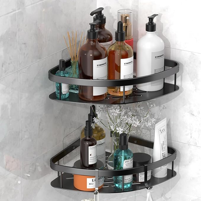 Lanlord Wall Mounted Shower Organizer - 2 Pack No Drilling Adhesive Corner Shelf, Bathroom Shower Shelves With Hooks, Suction Cup (Black 2LBAT)