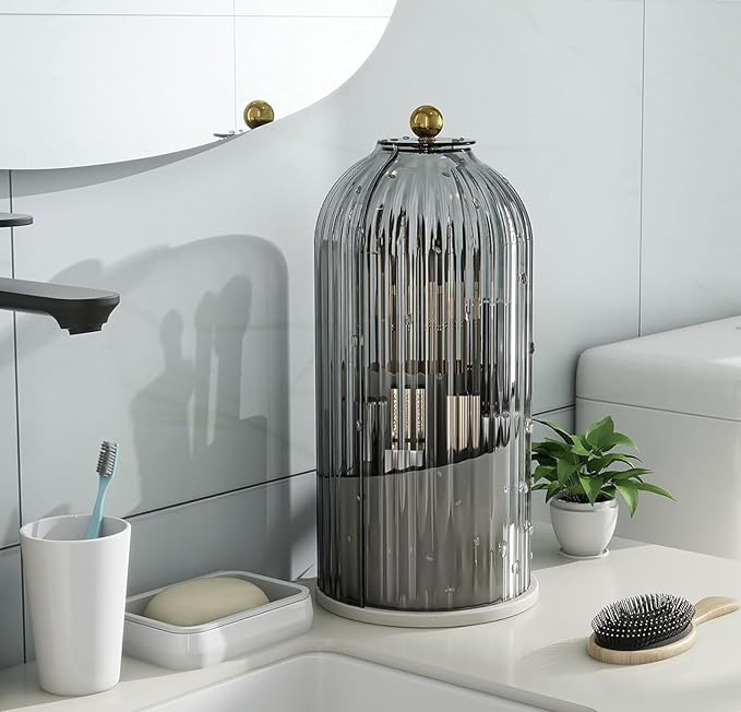 Zufudo Dustproof Toothbrush Holders with Cover, Rotating Electric Toothbrush and Toothpaste Holder for Bathroom Countertop, 3 Slots Makeup Brushes Organizer, Grey White