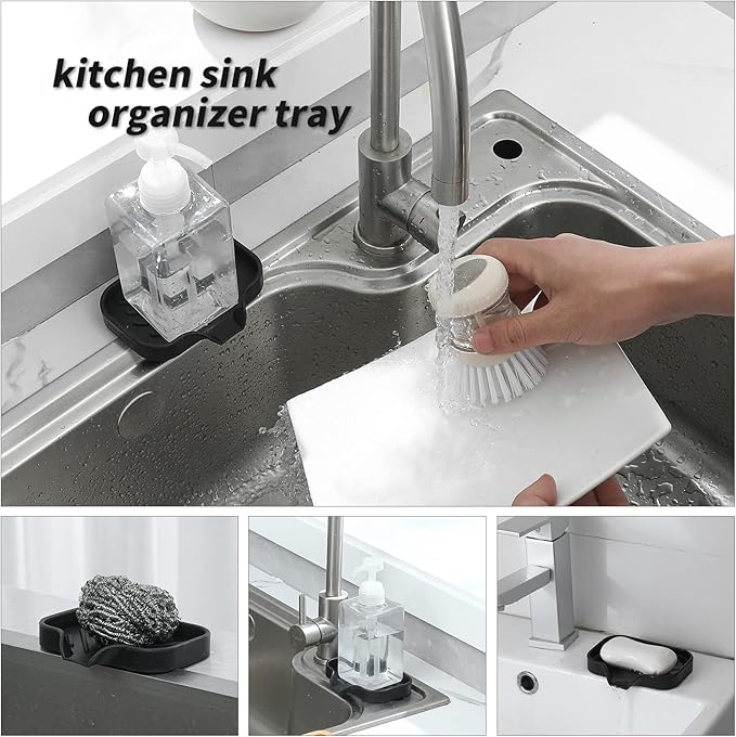 MicoYang Silicone Bathroom Soap Dishes with Drain Spout-Bathroom and Kitchen Sink Organizer,Sponge Holder,Dish Soap Tray,Perfect for Dispenser,Scrubber,Bottle,Cup on Sink or Counter-Black 4.9"×3.2"