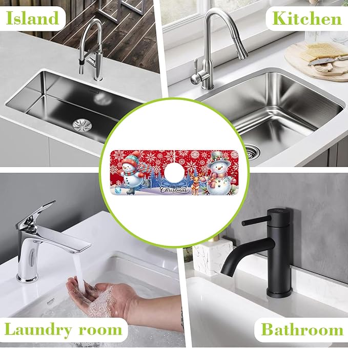 Chrismas Sink Splash Guard Faucet Mat Christmas Absorbent Fast Drying Mat Sink Gadgets Splash Guard Behind Faucet Drip Catcher for Kitchen Bathroom 15.5"X5.5"