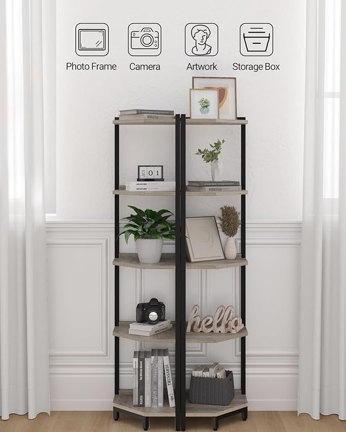 Corner Shelf Stand, Corner Bookshelf, Storage Standing Shelf Unit with Metal Frame, Plant Stand, Bookcase for Living Room, Home Office, Bedroom, 5-Tier Greige CS05905B