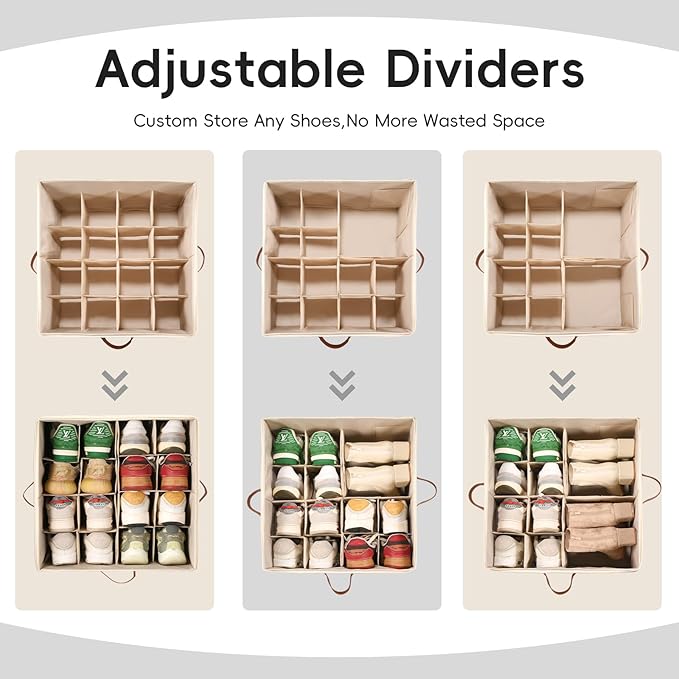 Shoe Organizer for Closet, 2 Pack Shoe Storage Bins with Clear Cover, Adjustable Dividers Fits 16-32 Pairs ShoeBoxes, Organizador de Zapatos, Khaki