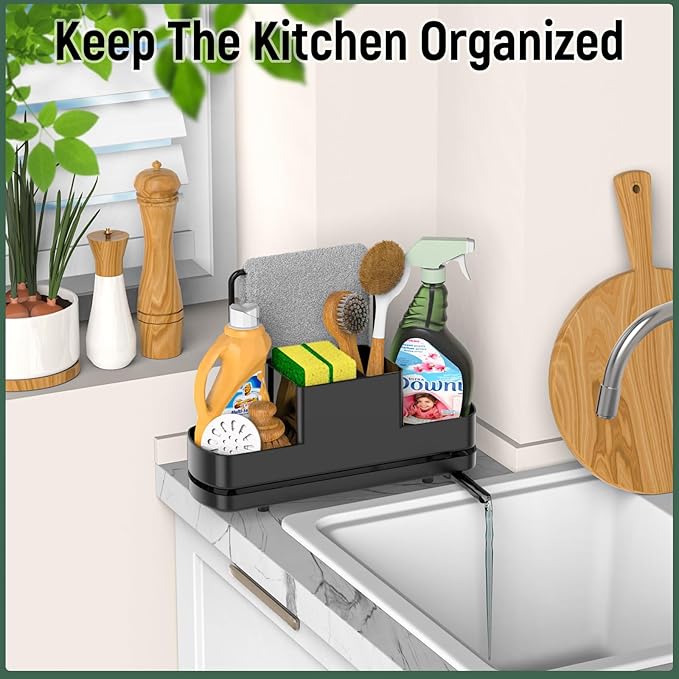 FUNKYLEE Sink Caddy Kitchen Sink Organizer, Black Kitchen Counter Organizer, Scrub Brush Holder, Plastic Sponge Holder for Dish Soap, Soap Dispenser, Sponge, Towel